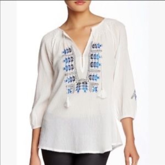 Joie Caviar Black Cotton Peasant 3/4 Sleeve Tassel Neck Ynes Embroidery Blouse S - Picture 8 of 9